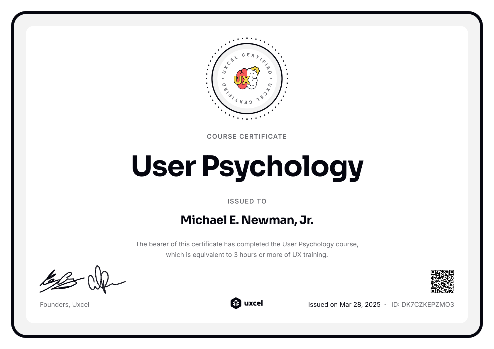 Michael E. Newman, Jr.'s certificate